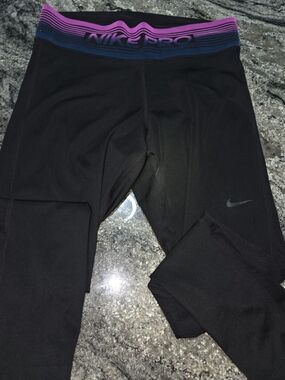 Nike Pro Womens Black Compression Leggings with Pink/Blue Waistband